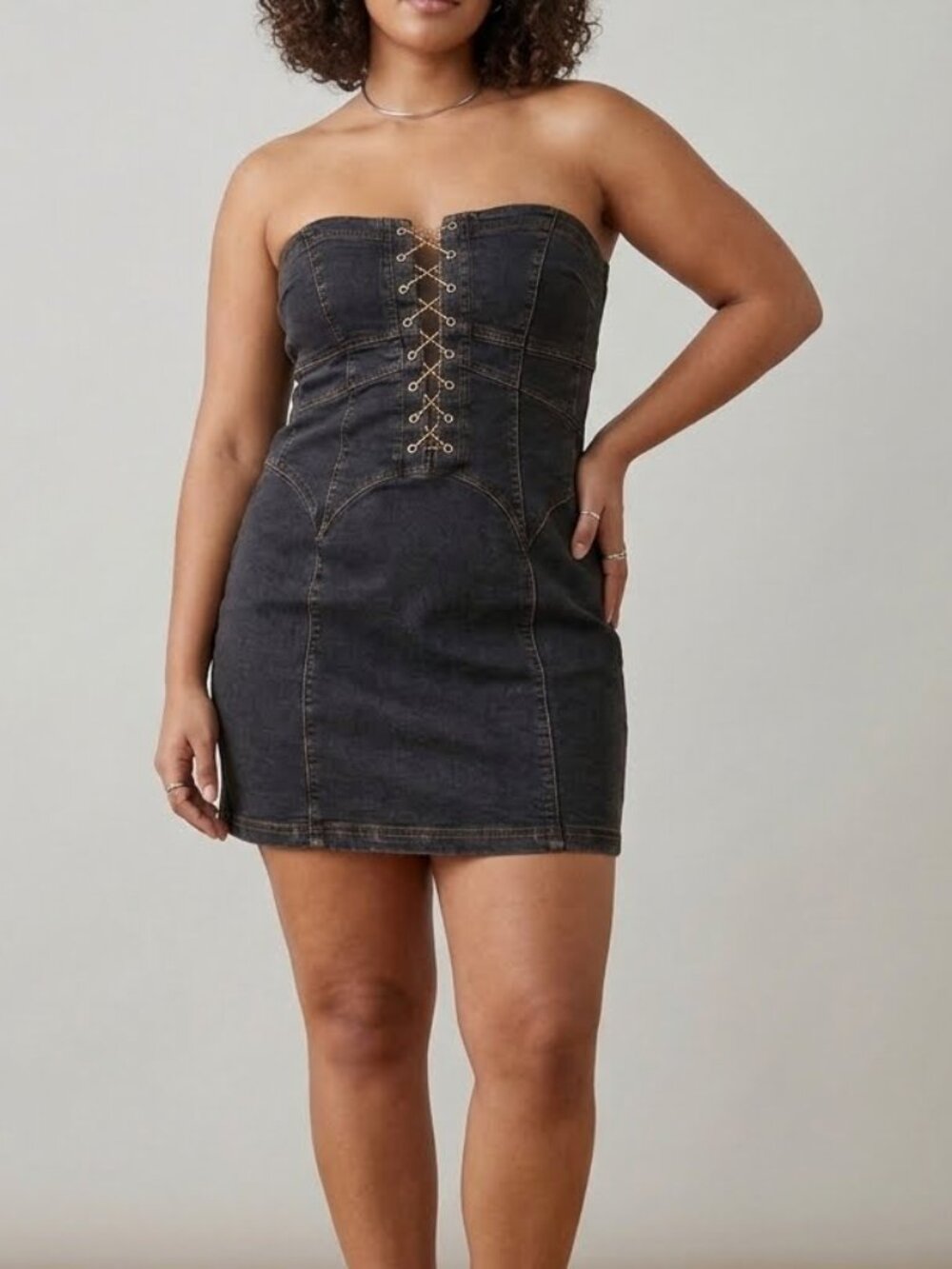 BDG Strapless Mini black distressed wash denim Corset Dress M
